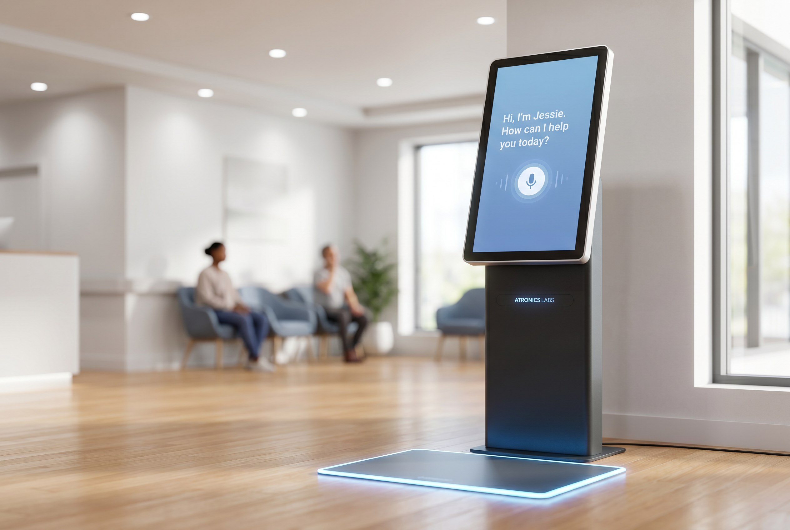 Jessie AI intake kiosk in a hospital lobby with a pressure-sensitive activation mat